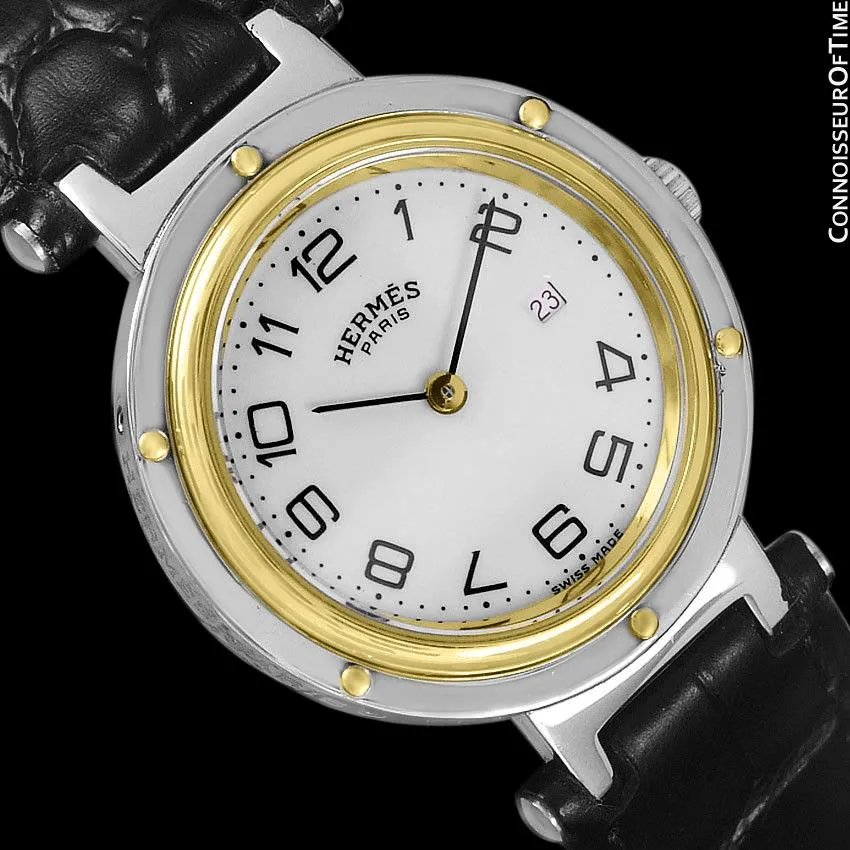 Hermes Midsize Unisex or Larger Ladies Clipper 2-Tone Quartz Watch - Stainless Steel and 18K Gold Plated