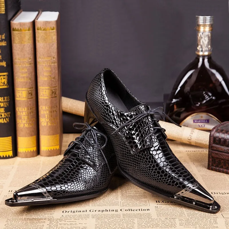 High Heeled Black Serpentine Cowhide Formal Shoes