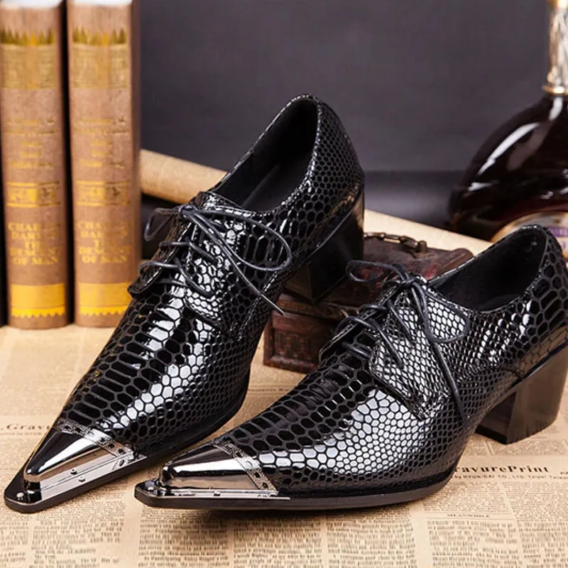 High Heeled Black Serpentine Cowhide Formal Shoes