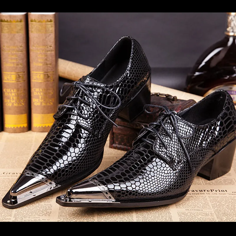 High Heeled Black Serpentine Cowhide Formal Shoes