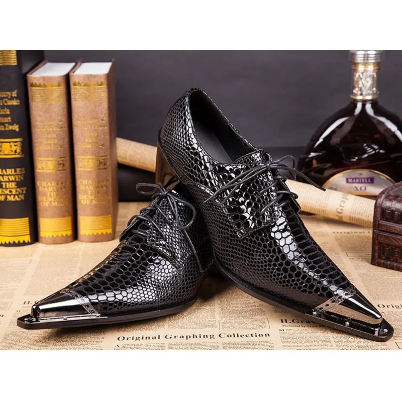 High Heeled Black Serpentine Cowhide Formal Shoes