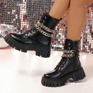 HOTan and NEWn Foreign Trade Patent Leather Mid-Calf Lace up Platform Martin Boots Women's Cross-Border Large Chain Thin Knight Boots Wish Supply