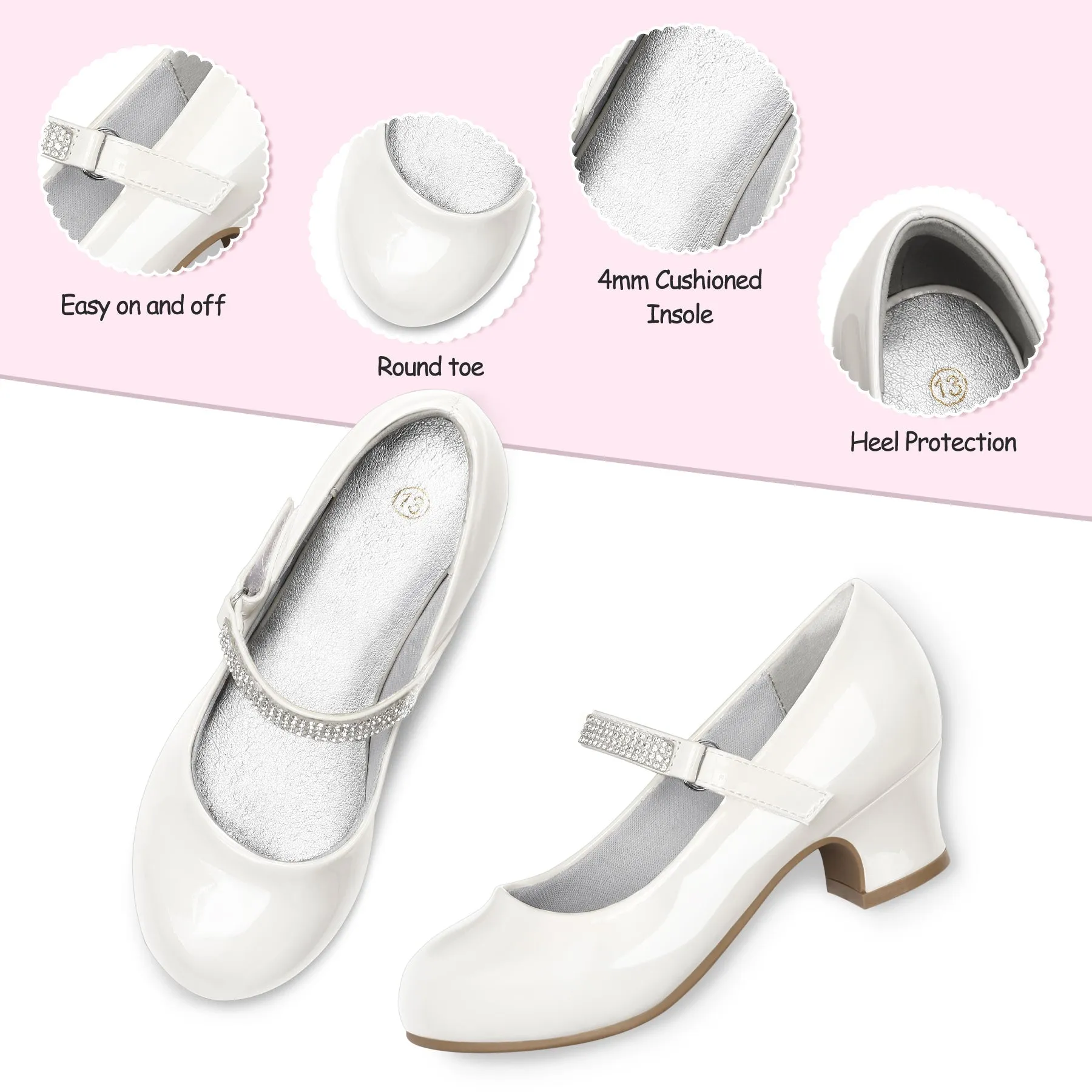 Kids Dress Shoes-Low Heel Rhinestone Strap Mary Jane Shoes