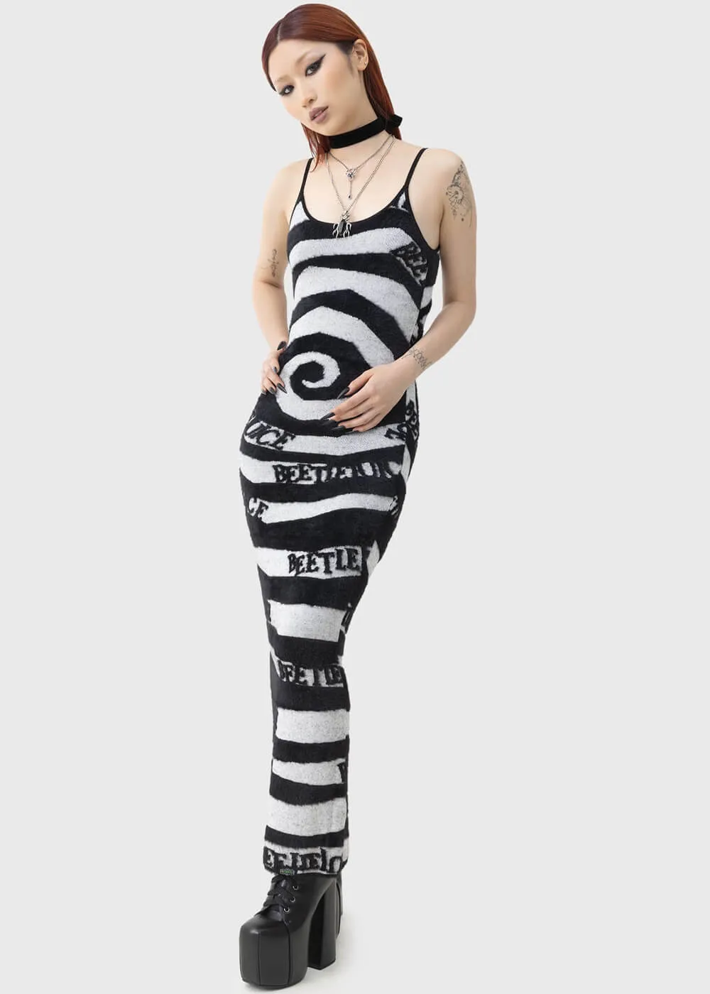 Killstar x Beetlejuice Vertigo Spiral Knitted Maxi Dress Black White