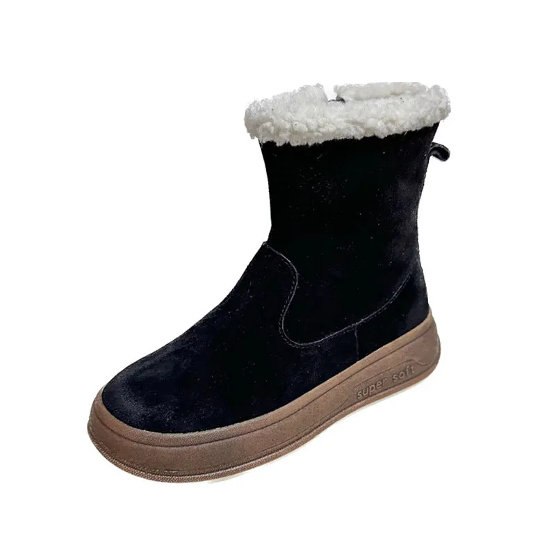 Korean Style Western Style Snow Boots  Autumn and Winter New Genuine Leather Thick Bottom Lamb Wool Warm Middle Boots Northeast Women's Cotton Boots
