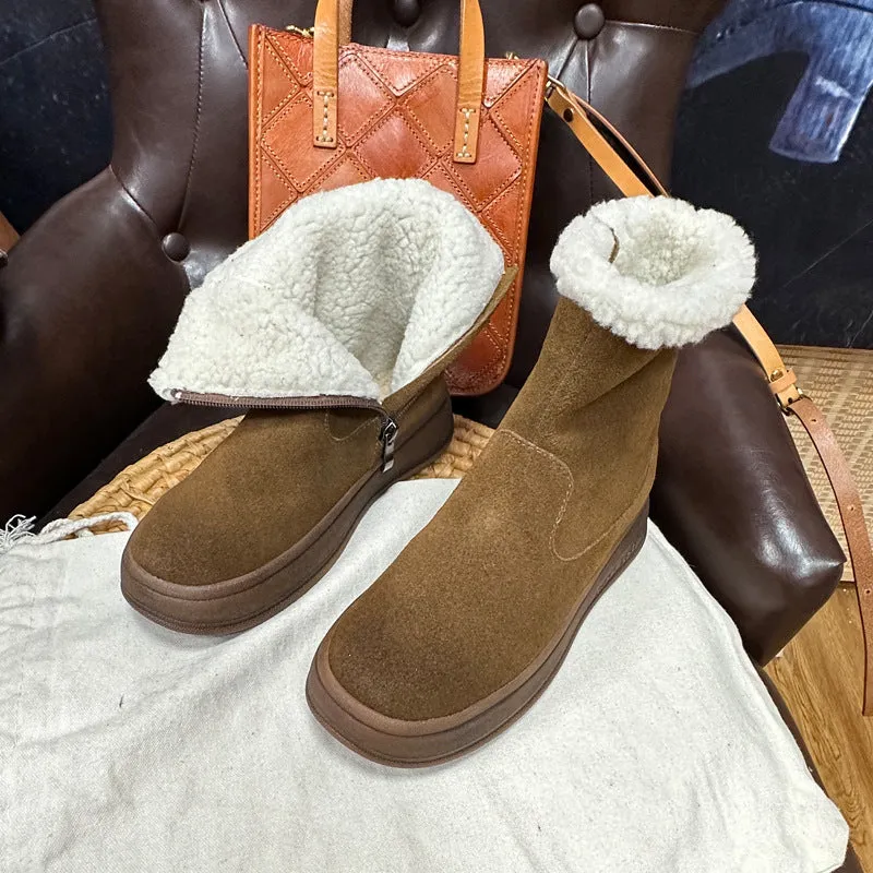Korean Style Western Style Snow Boots  Autumn and Winter New Genuine Leather Thick Bottom Lamb Wool Warm Middle Boots Northeast Women's Cotton Boots