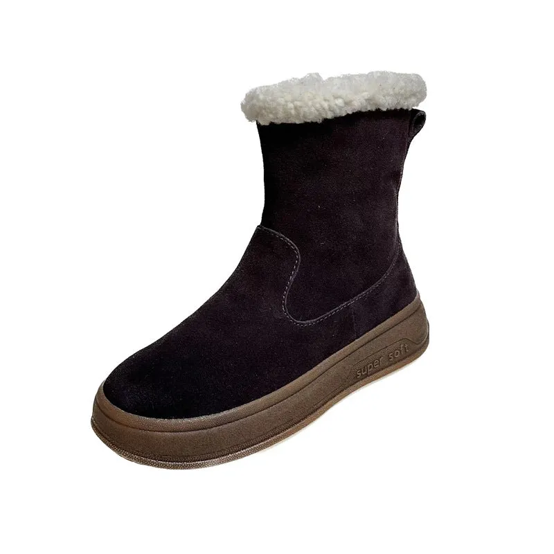 Korean Style Western Style Snow Boots  Autumn and Winter New Genuine Leather Thick Bottom Lamb Wool Warm Middle Boots Northeast Women's Cotton Boots