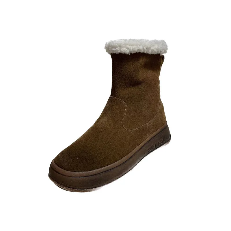 Korean Style Western Style Snow Boots  Autumn and Winter New Genuine Leather Thick Bottom Lamb Wool Warm Middle Boots Northeast Women's Cotton Boots