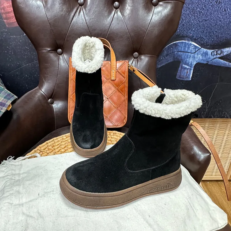 Korean Style Western Style Snow Boots  Autumn and Winter New Genuine Leather Thick Bottom Lamb Wool Warm Middle Boots Northeast Women's Cotton Boots
