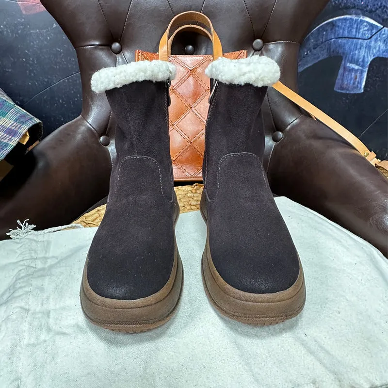 Korean Style Western Style Snow Boots  Autumn and Winter New Genuine Leather Thick Bottom Lamb Wool Warm Middle Boots Northeast Women's Cotton Boots