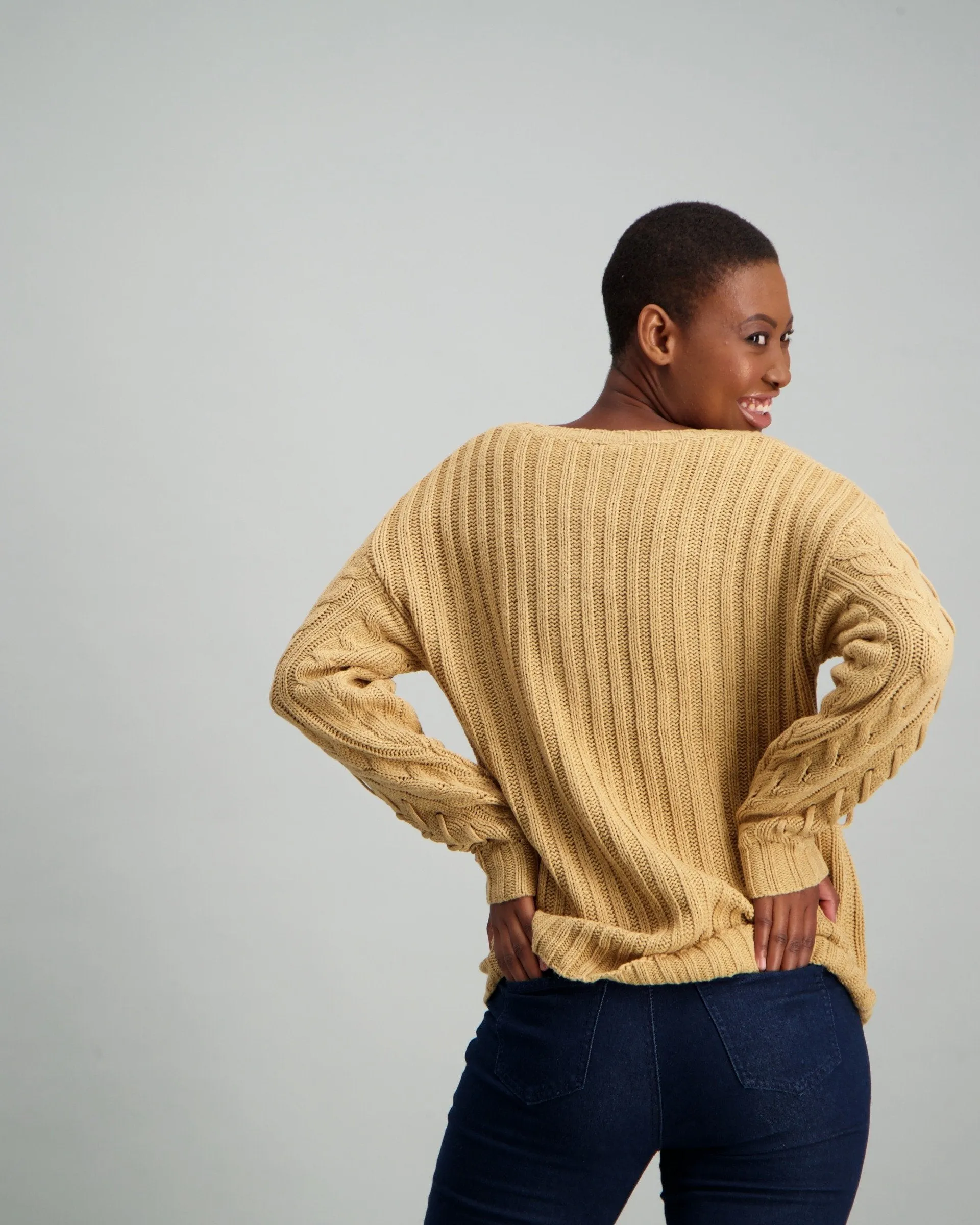 Ladies Cable Sleeve Pullover - Stone