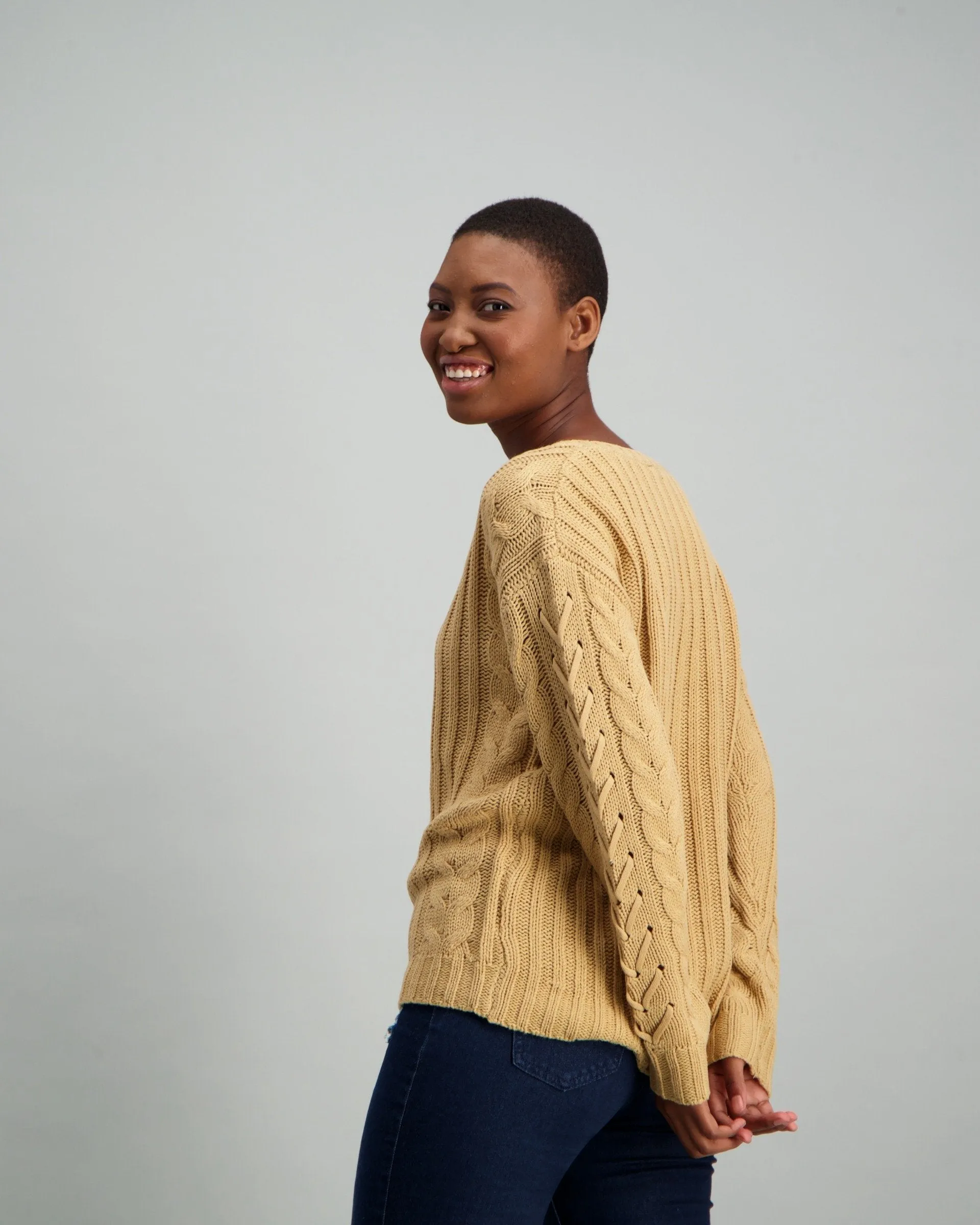Ladies Cable Sleeve Pullover - Stone