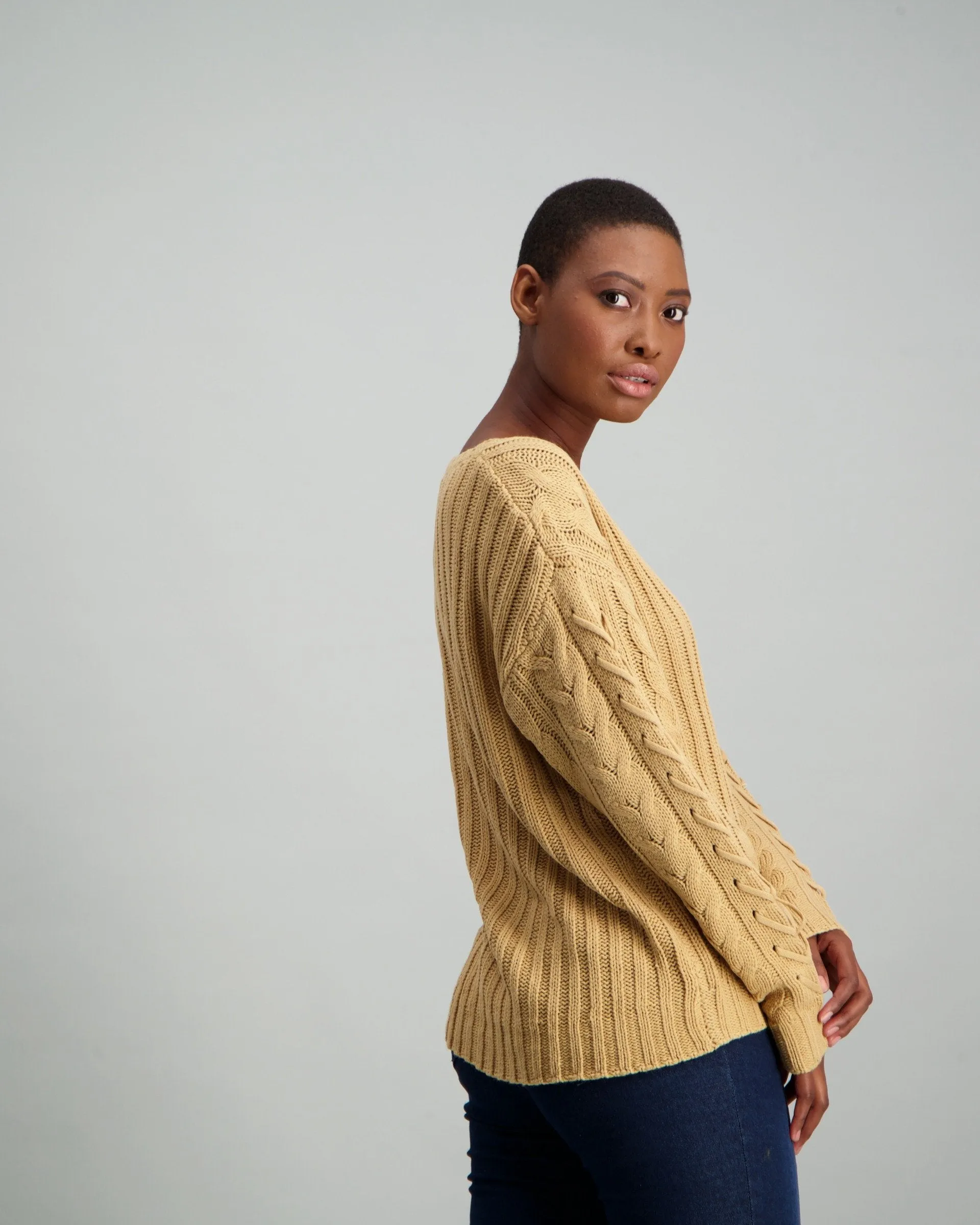 Ladies Cable Sleeve Pullover - Stone