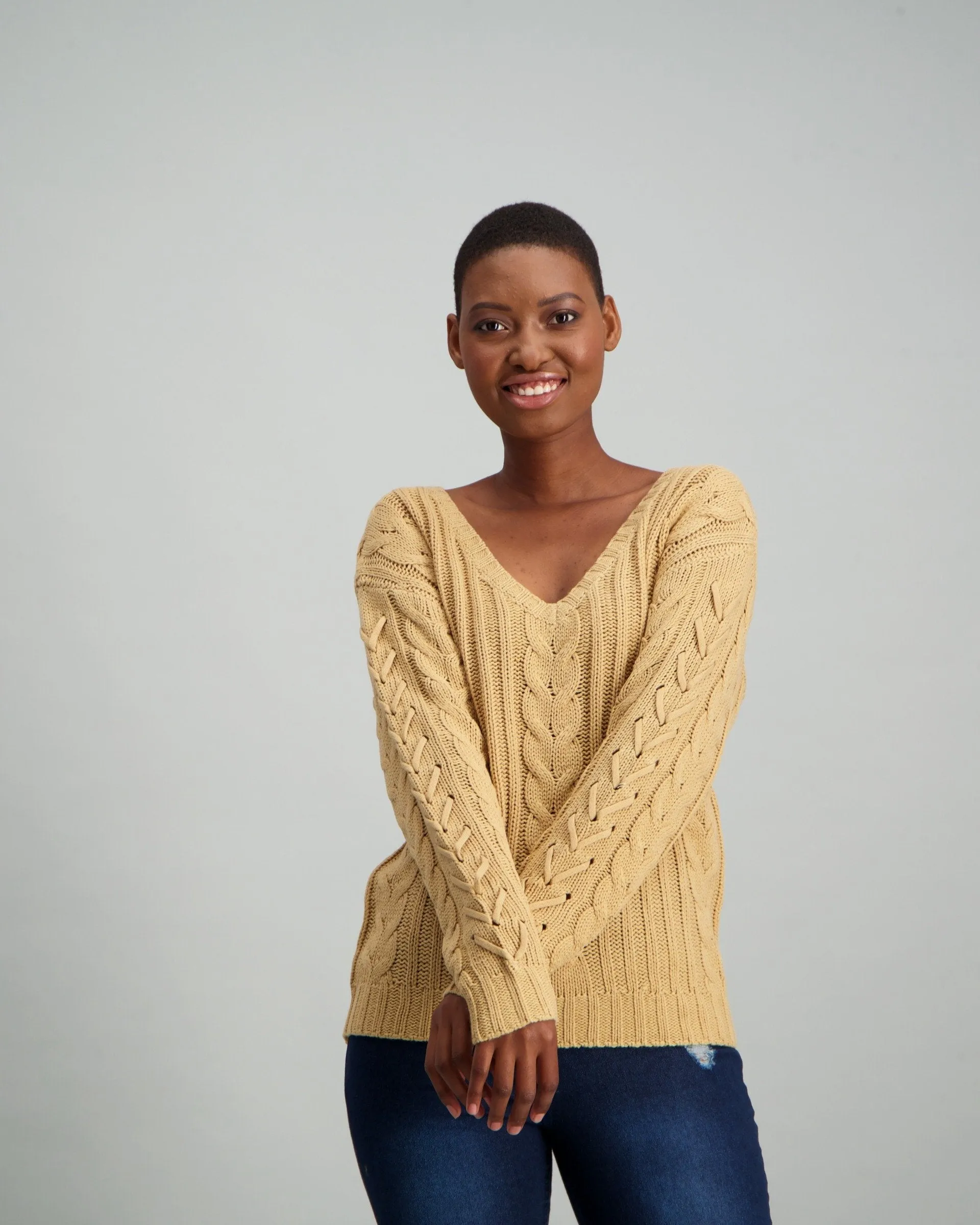 Ladies Cable Sleeve Pullover - Stone
