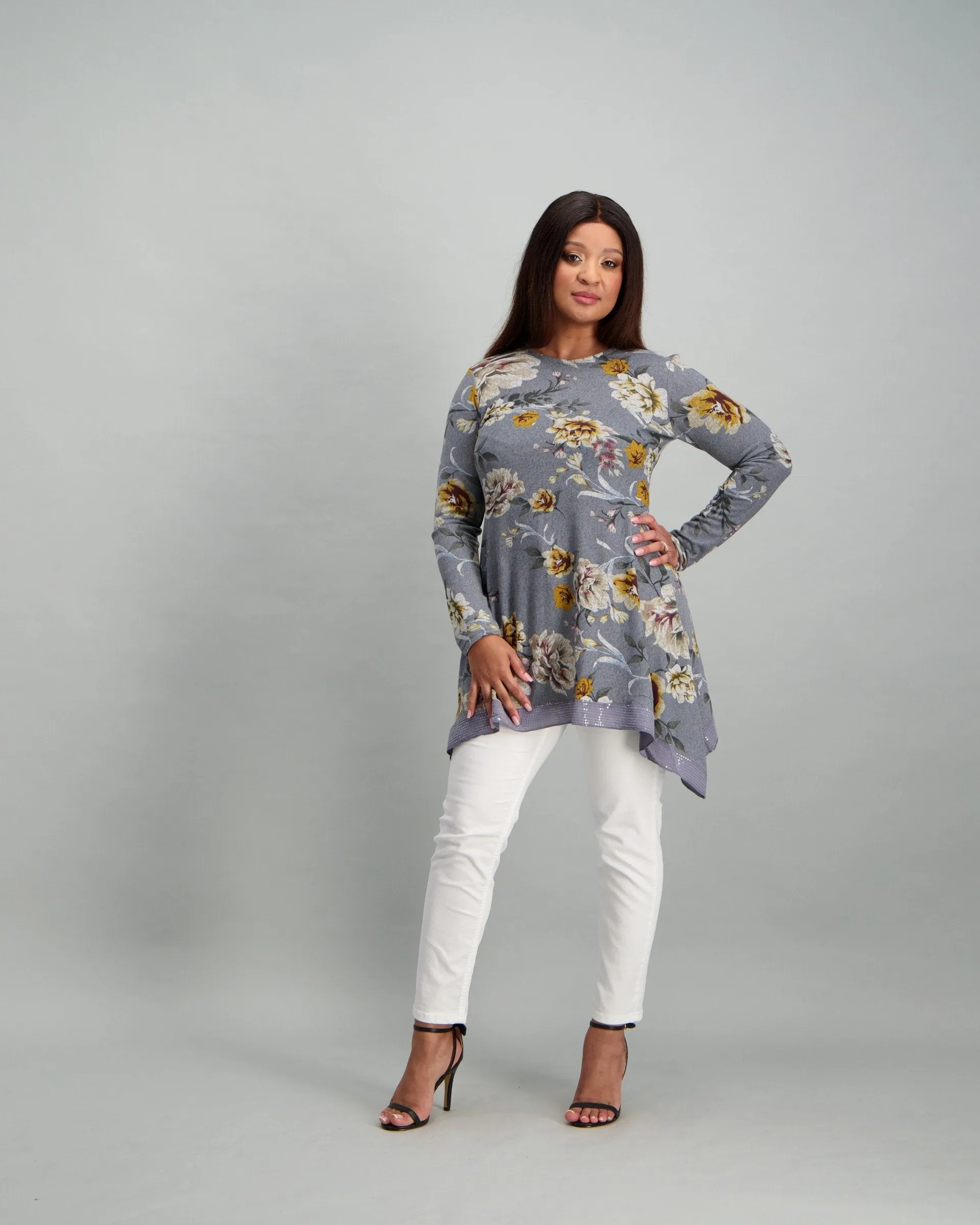 Ladies Floral Tunic - Grey Dawn
