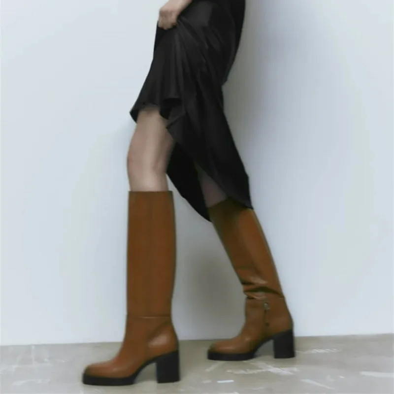 Leather Round Toe Platform Knee Boots