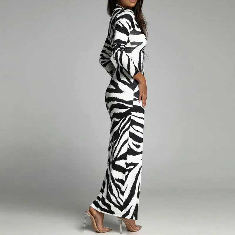 Leopard Print Turtleneck Long Sleeve High Slit Maxi Dress