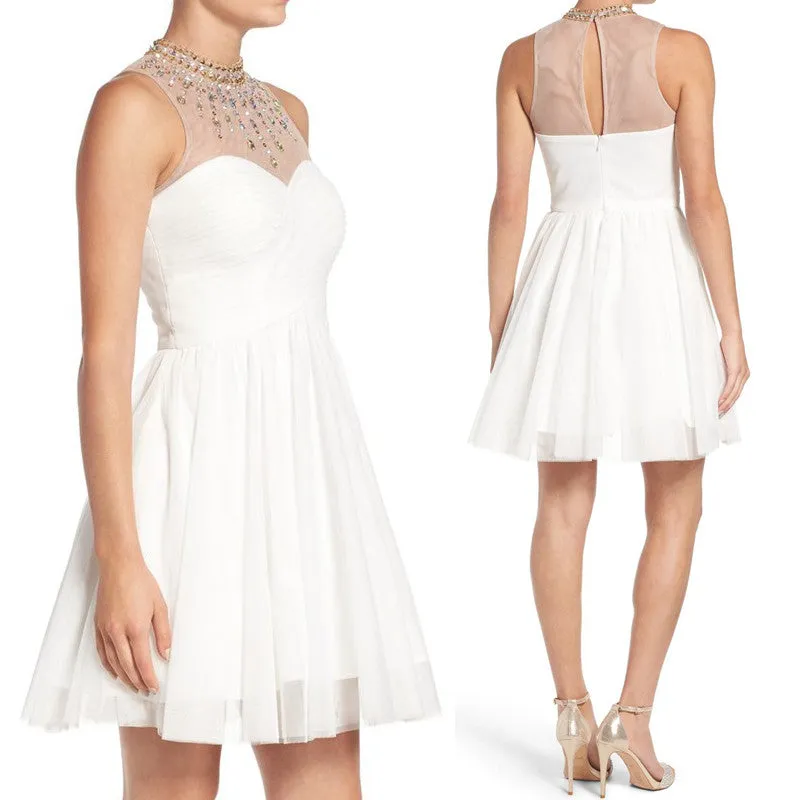 MACloth High Neck Crystal Tulle Short Prom Dress Ivory Cocktail Formal Gown