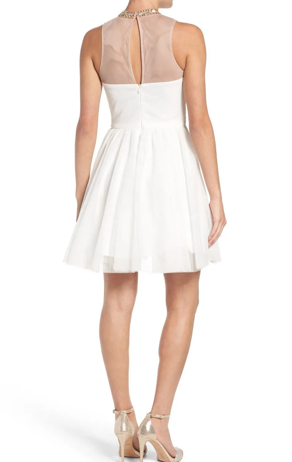 MACloth High Neck Crystal Tulle Short Prom Dress Ivory Cocktail Formal Gown