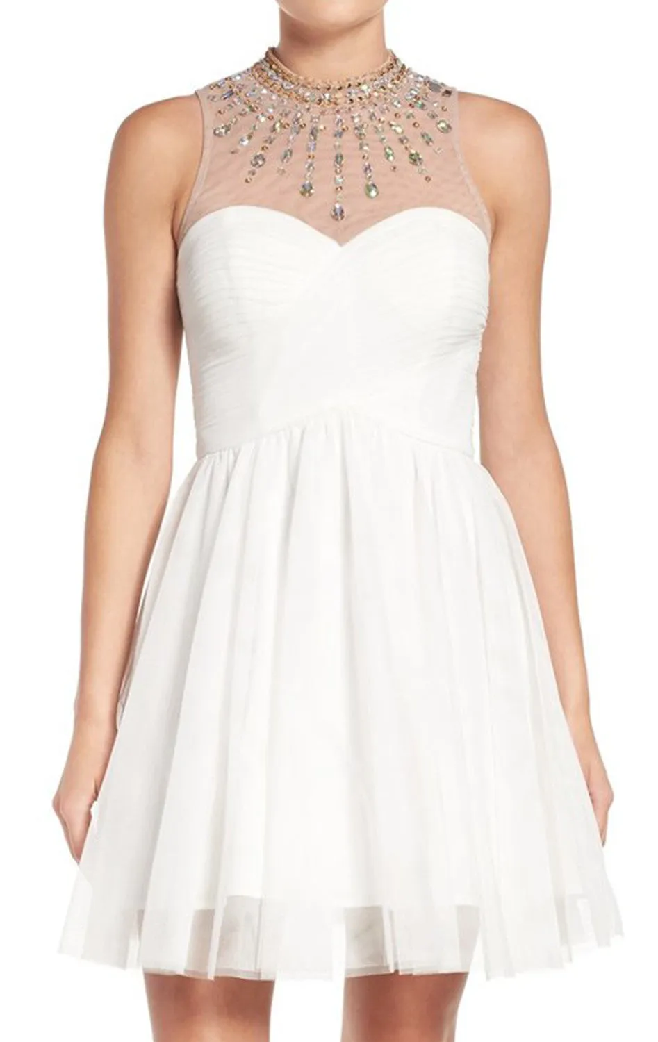 MACloth High Neck Crystal Tulle Short Prom Dress Ivory Cocktail Formal Gown