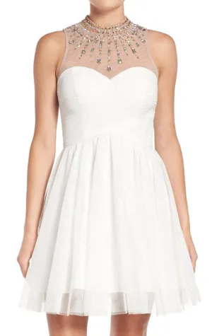 MACloth High Neck Crystal Tulle Short Prom Dress Ivory Cocktail Formal Gown