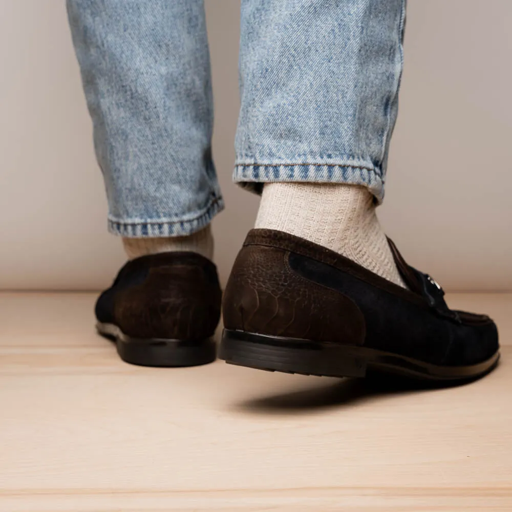 Marco Di Milano Hugo in Brown / Navy Suede Ostrich Leg Bit Loafers