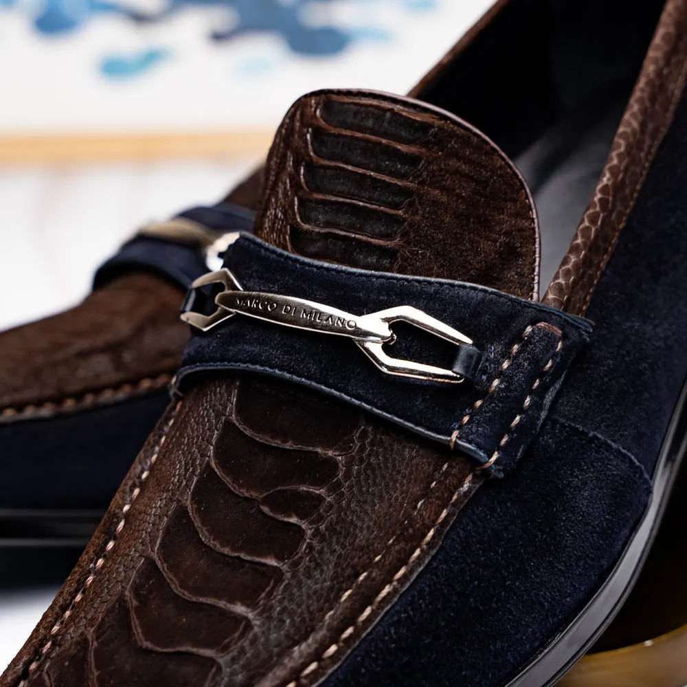 Marco Di Milano Hugo in Brown / Navy Suede Ostrich Leg Bit Loafers