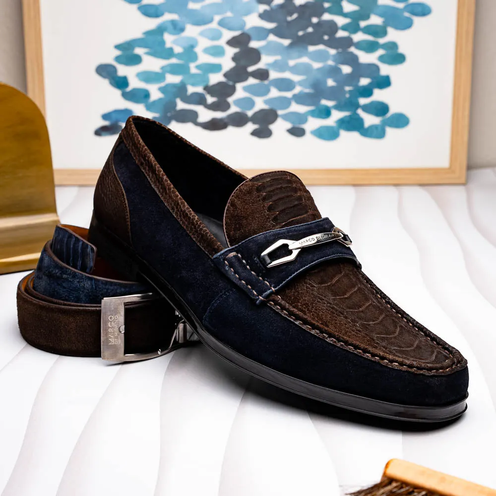 Marco Di Milano Hugo in Brown / Navy Suede Ostrich Leg Bit Loafers