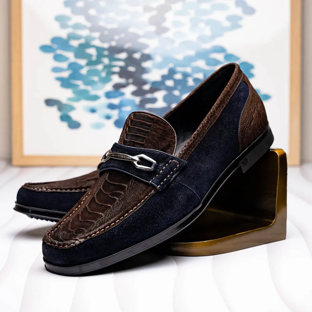 Marco Di Milano Hugo in Brown / Navy Suede Ostrich Leg Bit Loafers