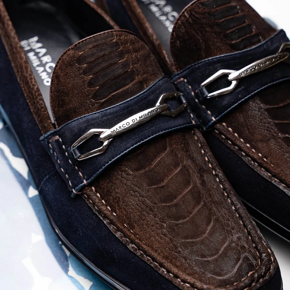 Marco Di Milano Hugo in Brown / Navy Suede Ostrich Leg Bit Loafers