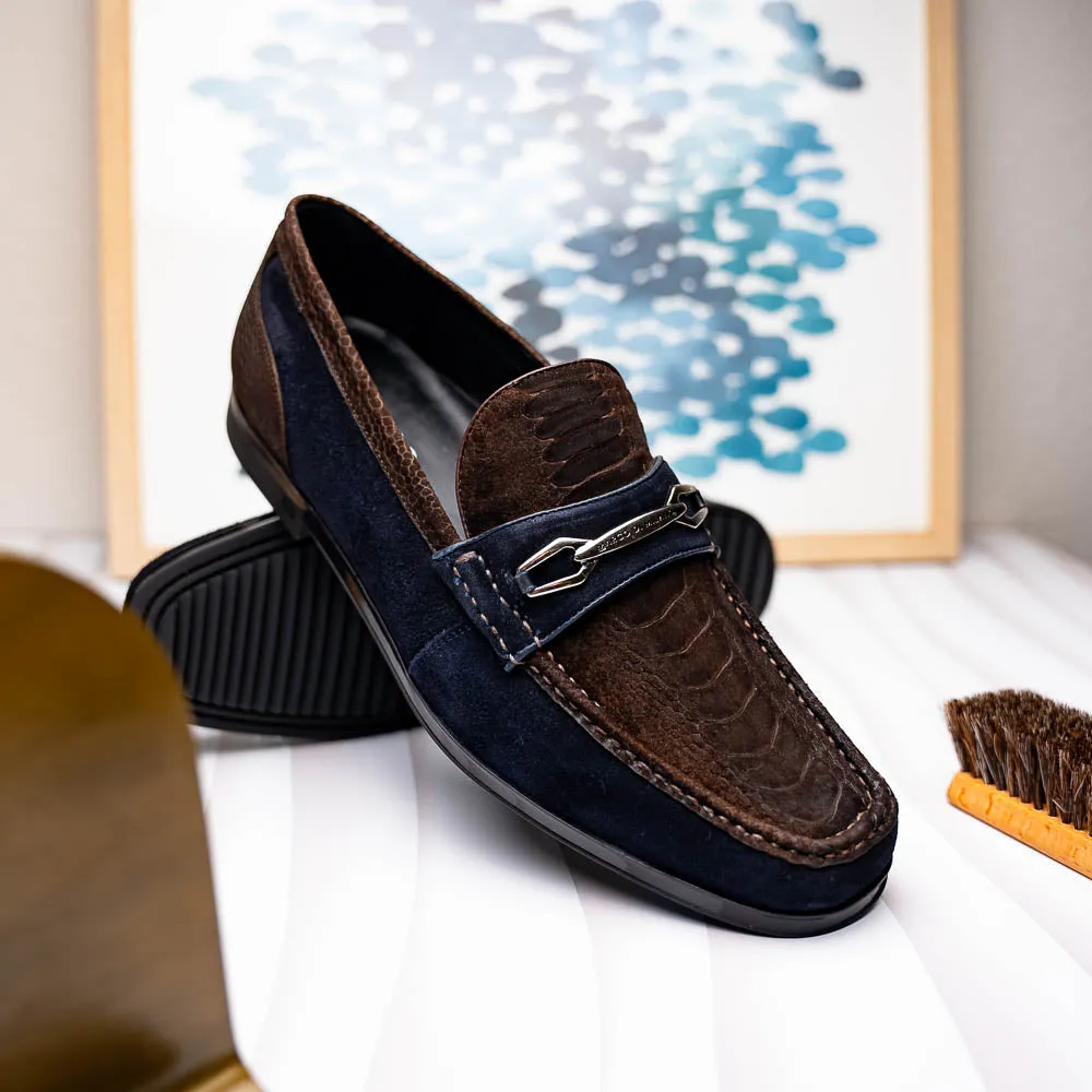 Marco Di Milano Hugo in Brown / Navy Suede Ostrich Leg Bit Loafers