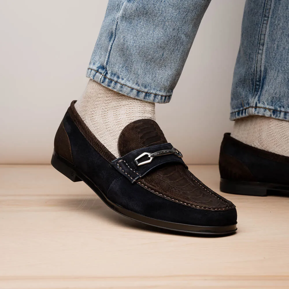 Marco Di Milano Hugo in Brown / Navy Suede Ostrich Leg Bit Loafers