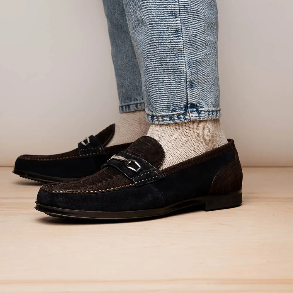 Marco Di Milano Hugo in Brown / Navy Suede Ostrich Leg Bit Loafers