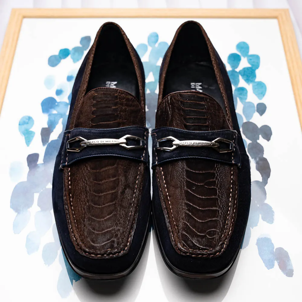 Marco Di Milano Hugo in Brown / Navy Suede Ostrich Leg Bit Loafers