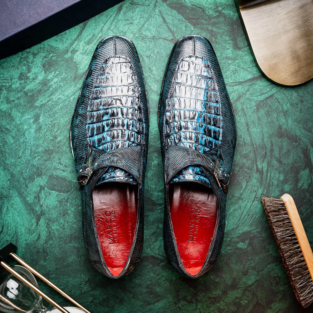 Marco Di Milano Toluca Blue / Black Crocodile & Lizard Monk Strap Dress Shoes