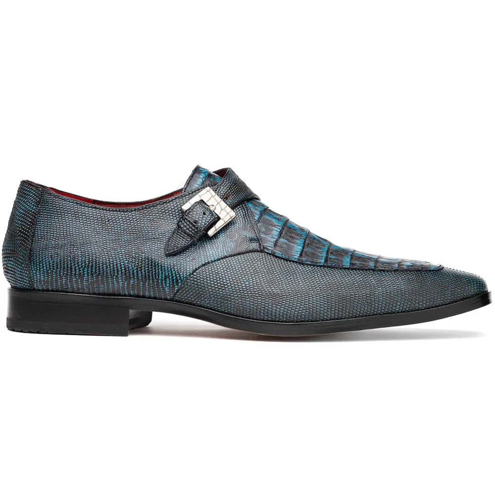 Marco Di Milano Toluca Blue / Black Crocodile & Lizard Monk Strap Dress Shoes