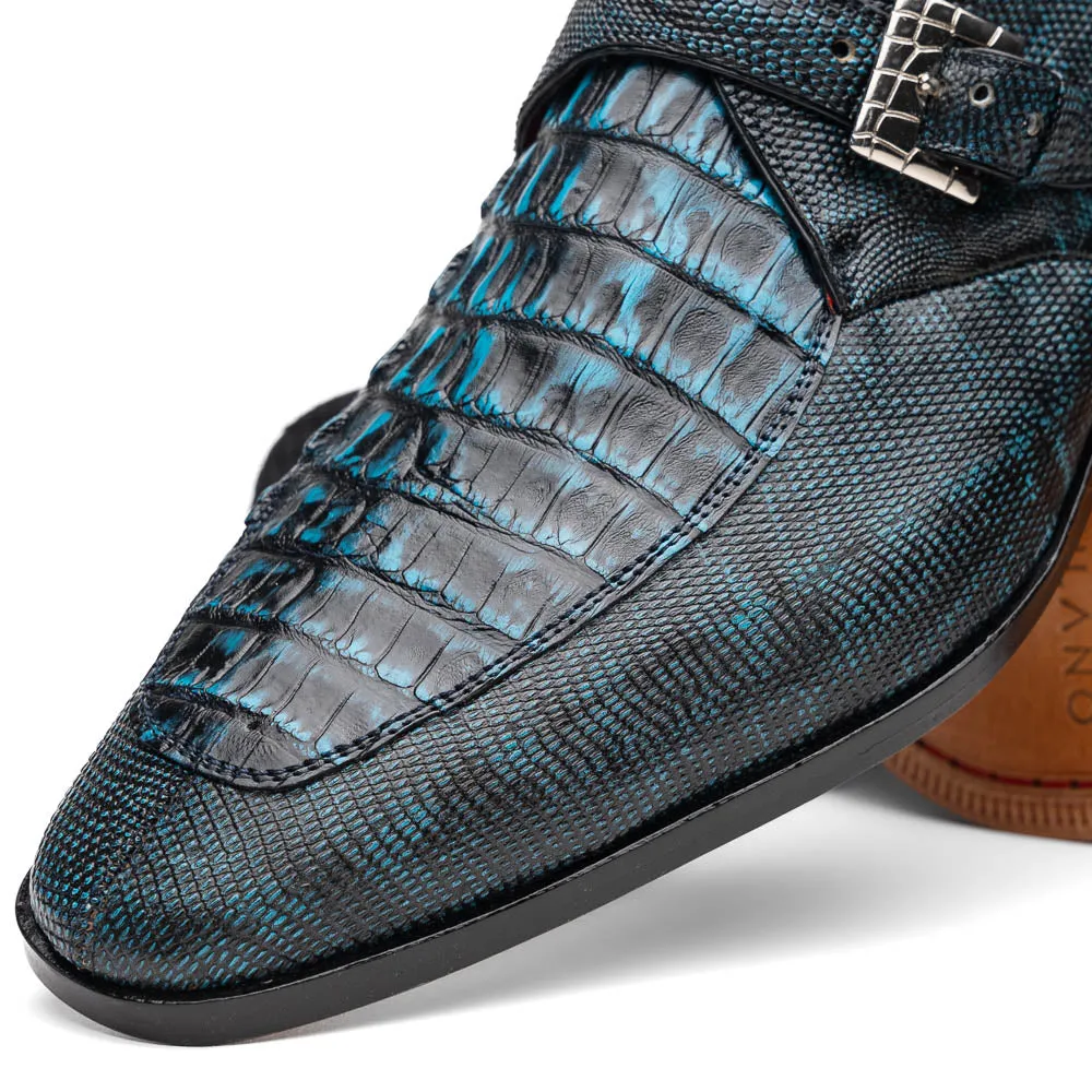 Marco Di Milano Toluca Blue / Black Crocodile & Lizard Monk Strap Dress Shoes