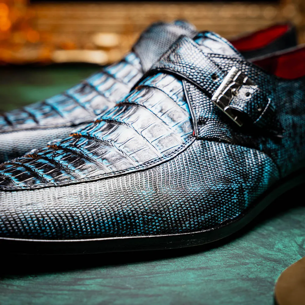 Marco Di Milano Toluca Blue / Black Crocodile & Lizard Monk Strap Dress Shoes