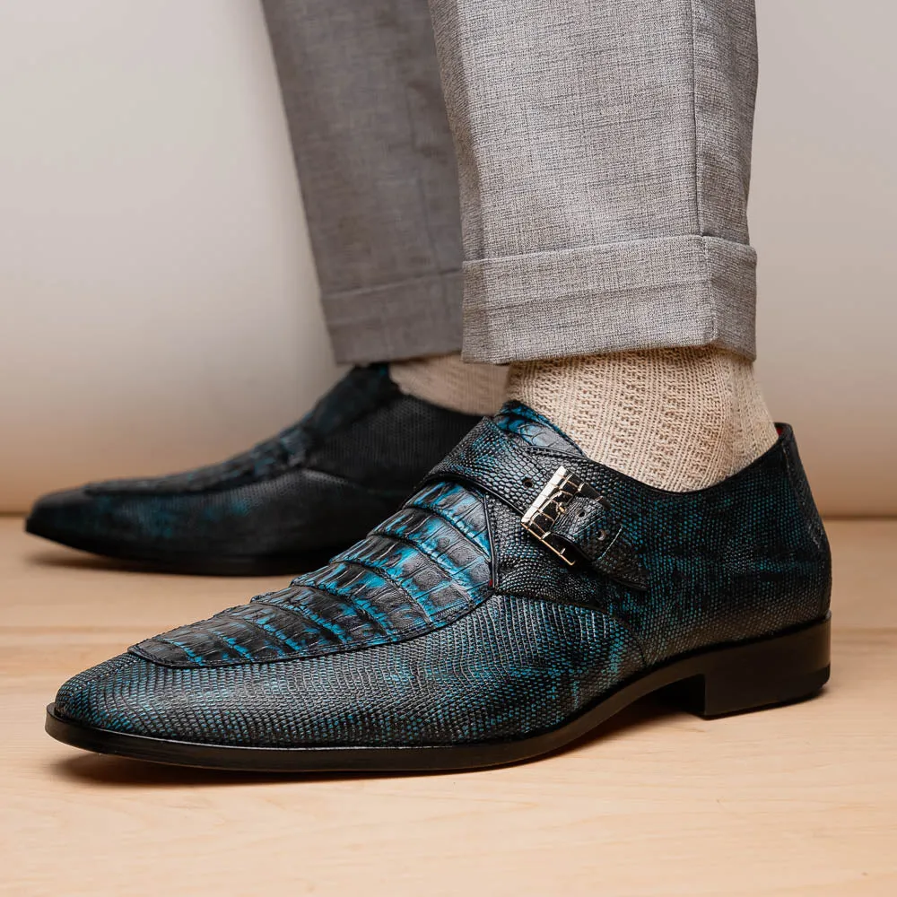 Marco Di Milano Toluca Blue / Black Crocodile & Lizard Monk Strap Dress Shoes