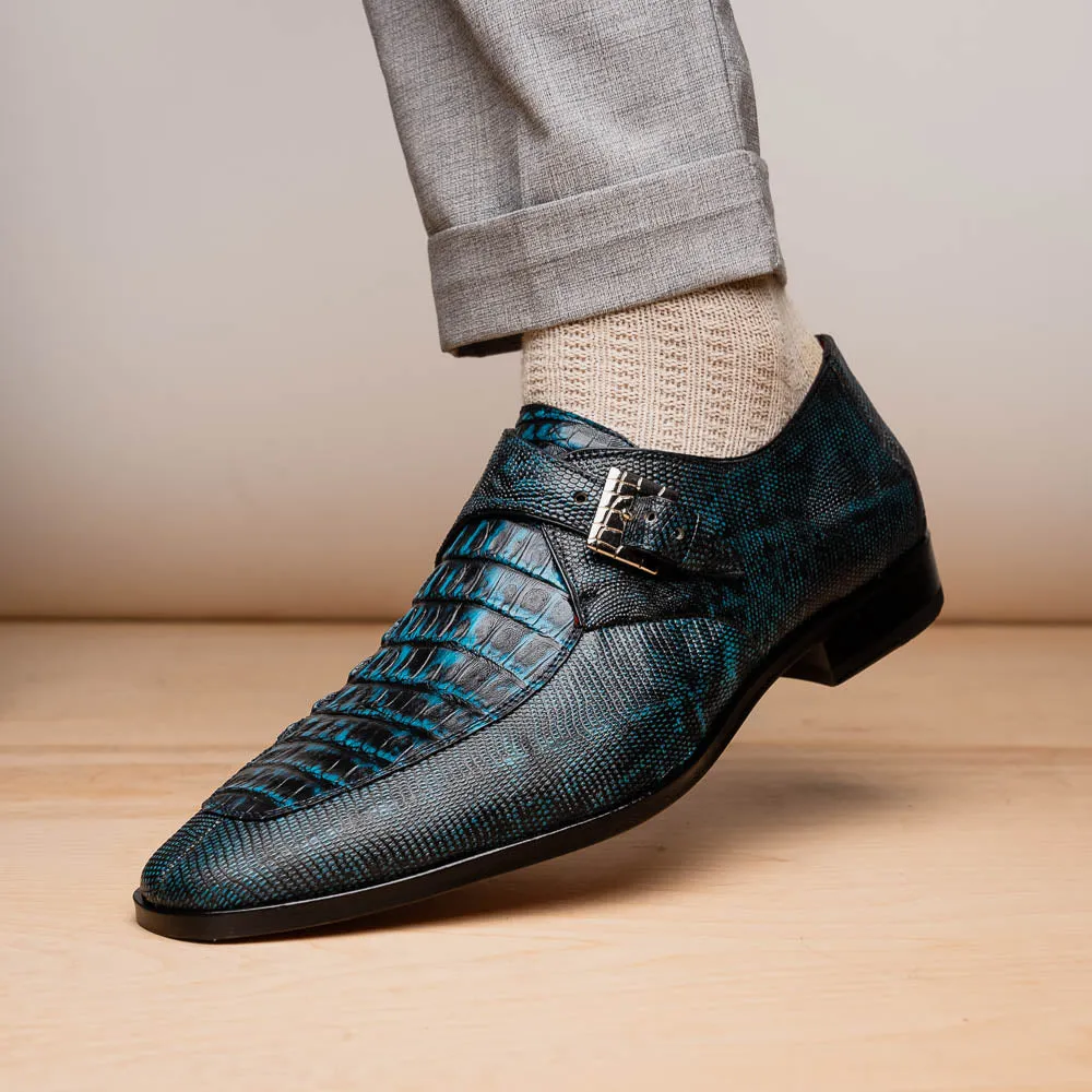 Marco Di Milano Toluca Blue / Black Crocodile & Lizard Monk Strap Dress Shoes