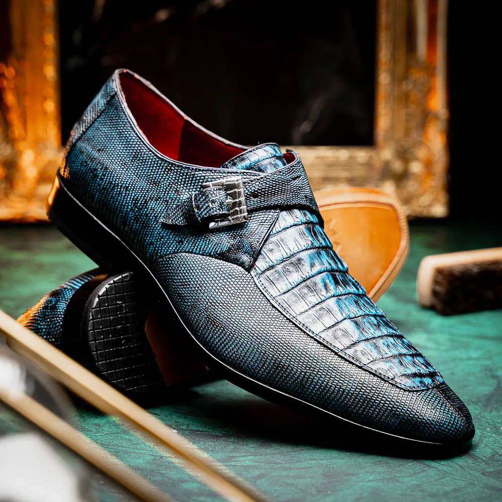 Marco Di Milano Toluca Blue / Black Crocodile & Lizard Monk Strap Dress Shoes