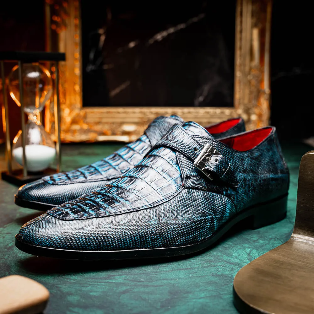 Marco Di Milano Toluca Blue / Black Crocodile & Lizard Monk Strap Dress Shoes
