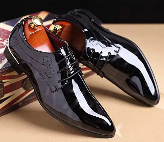 Men's Patent Leather Lace Up Derby Pointed Toe