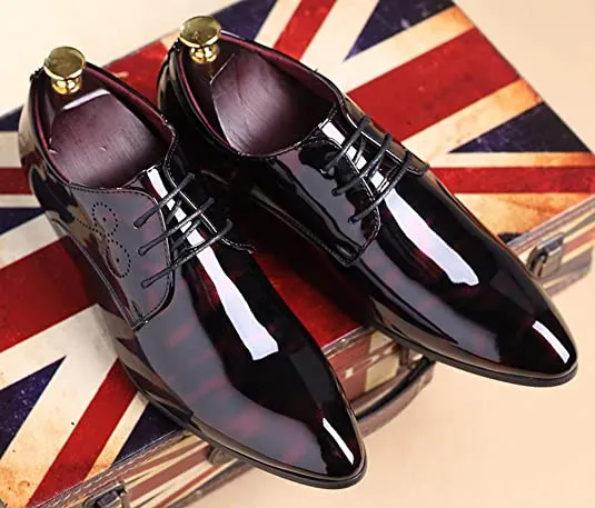 Men's Patent Leather Lace Up Derby Pointed Toe