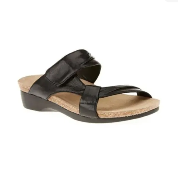 Munro Black Leather Libra Slide Sandal Cork Footbed 9.5N