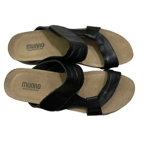 Munro Black Leather Libra Slide Sandal Cork Footbed 9.5N