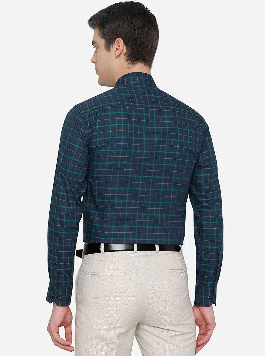 Navy Blue & Green Checked Slim Fit Formal Shirt | JadeBlue