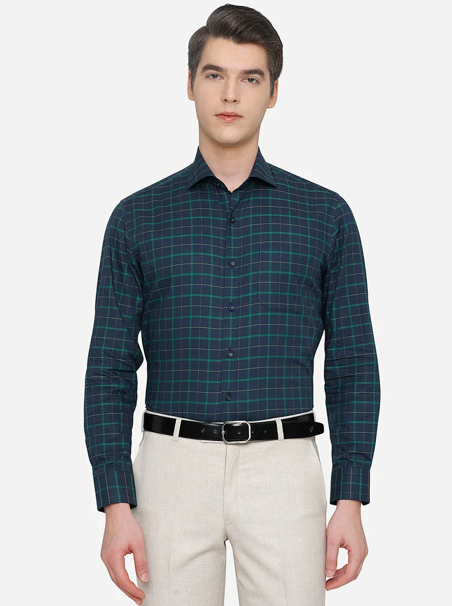 Navy Blue & Green Checked Slim Fit Formal Shirt | JadeBlue