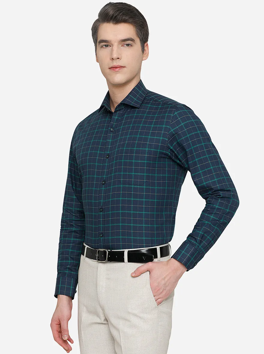 Navy Blue & Green Checked Slim Fit Formal Shirt | JadeBlue