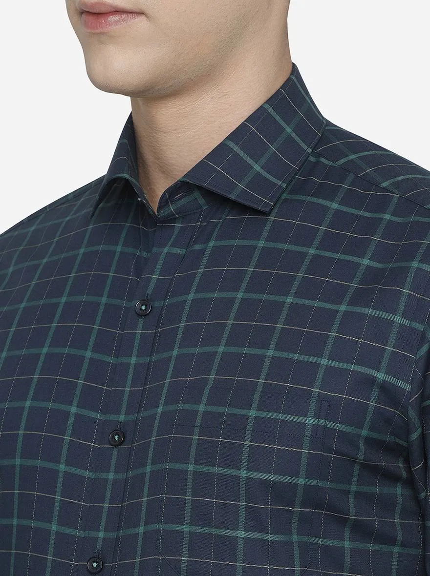 Navy Blue & Green Checked Slim Fit Formal Shirt | JadeBlue